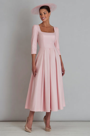 Robe de travail en satin rose à col carré une ligne avec manche